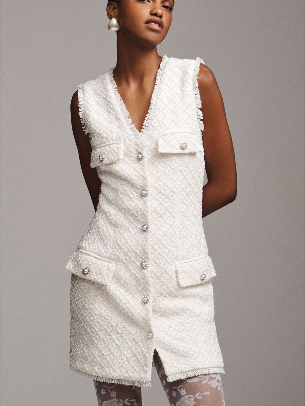 BHLDN Ella V-Neck Pearl Tweed Mini Dress